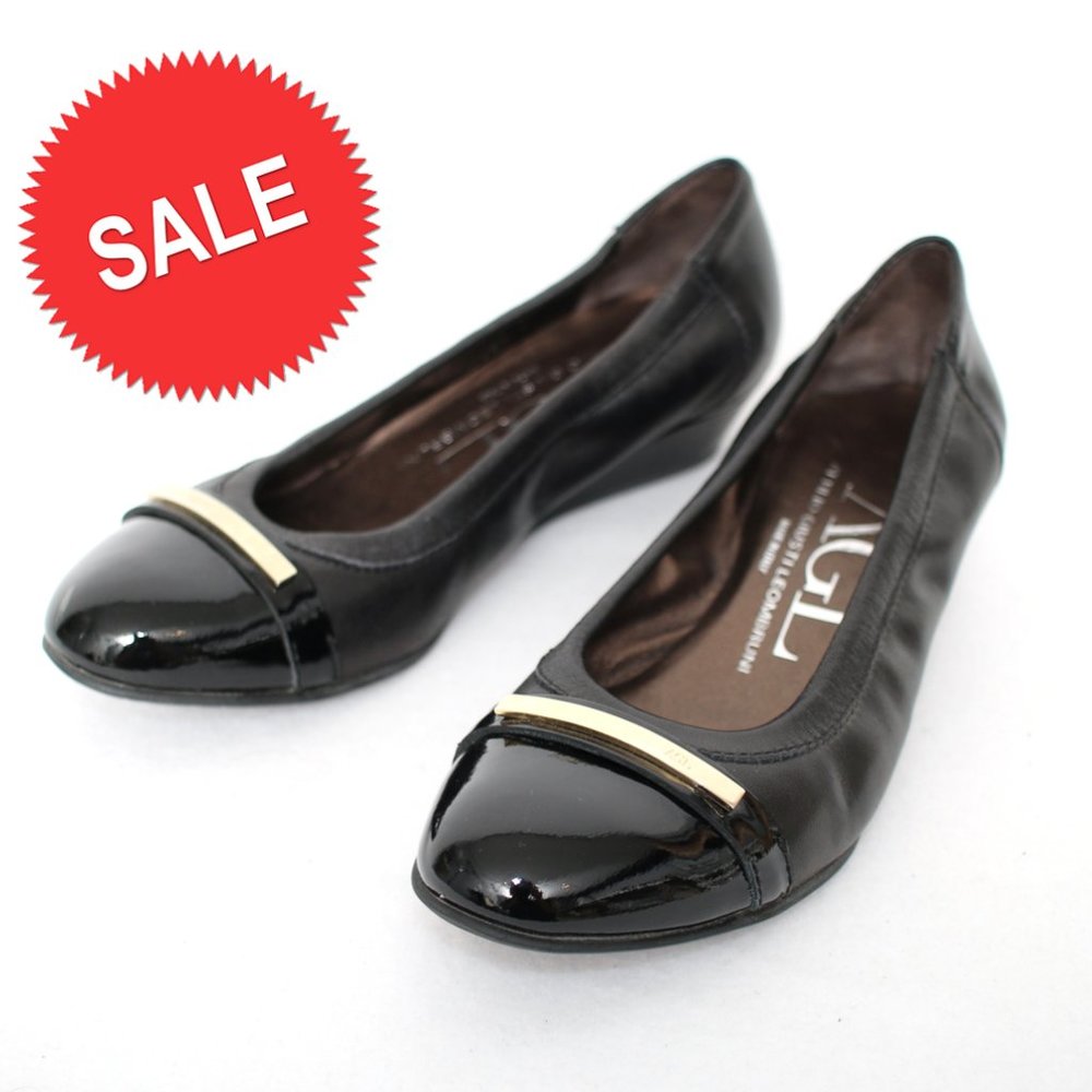 AGL Black Leather Cap Toe Ballet Wedge Flats Sz 36.5